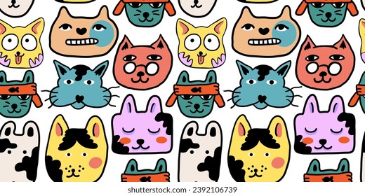 patrón sin fisuras con gatos en vectorial.tapicería coloreada en estilo doodle.Plantilla para fondo, impresión en tela y merch. Una serie de patrones con rostros de gato de estilo plano