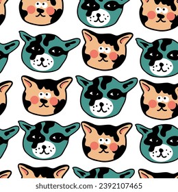 seamless pattern with cats in vector.colored wallpaper in doodle style.Template for background, printing on fabric and merch. A series of patterns with cat faces in flat style