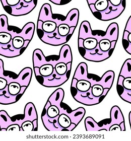 seamless pattern with cats in vector.colored wallpaper in doodle style.Template for background, printing on fabric and merch. A series of patterns with cat faces in flat style