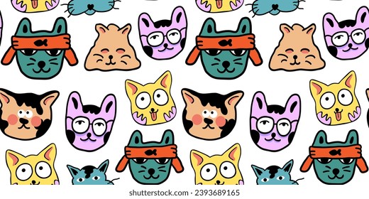 seamless pattern with cats in vector.colored wallpaper in doodle style.Template for background, printing on fabric and merch. A series of patterns with cat faces in flat style