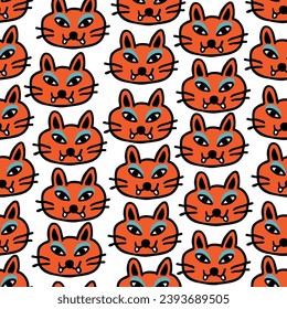 seamless pattern with cats in vector.colored wallpaper in doodle style.Template for background, printing on fabric and merch. A series of patterns with cat faces in flat style