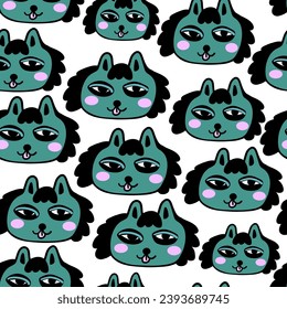 seamless pattern with cats in vector.colored wallpaper in doodle style.Template for background, printing on fabric and merch. A series of patterns with cat faces in flat style