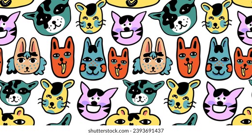 seamless pattern with cats in vector.colored wallpaper in doodle style.Template for background, printing on fabric and merch. A series of patterns with cat faces in flat style