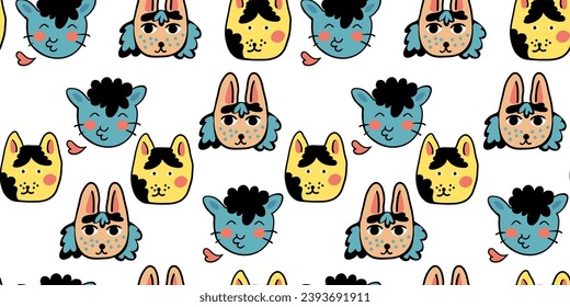 seamless pattern with cats in vector.colored wallpaper in doodle style.Template for background, printing on fabric and merch. A series of patterns with cat faces in flat style