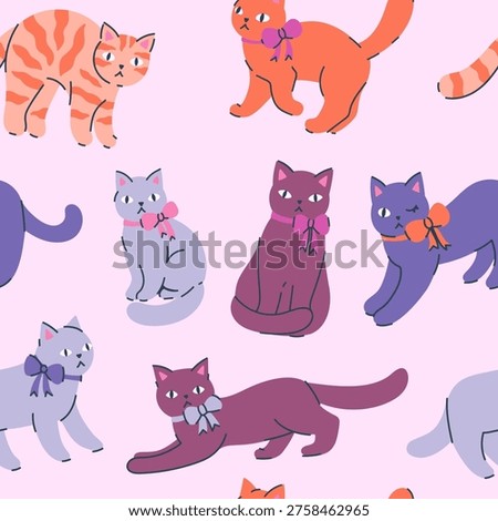 Seamless pattern with cats wearing bows on their necks. Vector graphics.