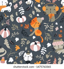 Seamless pattern of cats wearing scarf, playing on pumpkin patch.Cute illustration for children's print.