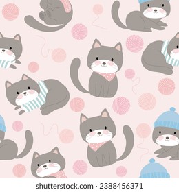 seamless pattern of cats wearing sweater , scarf , wool hat  and wool yarn on pastel pink background , vector,illustration
