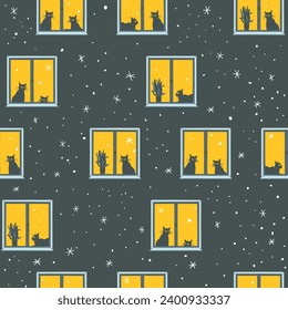 Seamless pattern with cats in windows and snow outside