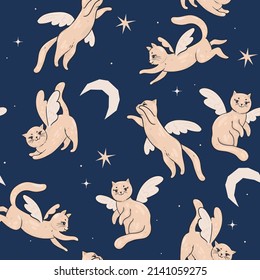 Seamless pattern of cats with wings on the night sky. Vector graphics.