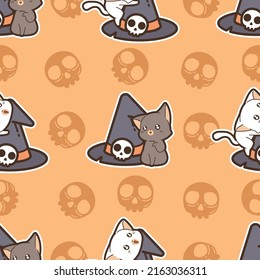 Seamless pattern cats and witch hat in Halloween day