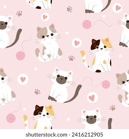 seamless pattern of cats with wool yarn , mini heart ,paw and star on pastel pink background ,vector 
 ,illustration 
