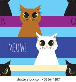 Seamless pattern with cats and words "Meow" and "Cats" on blue background with stripes.