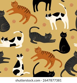 Seamless pattern with cats and yarn balls.