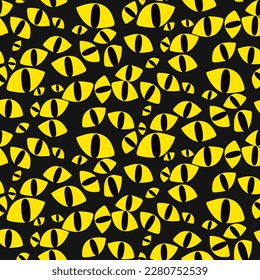 Seamless pattern with cat's yellow eyes on a black background. Bright glowing eyes of cats in the dark. Vector illustration. Pattern for printing on textiles and paper in the theme of the Halloween