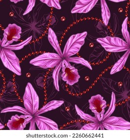 Nahtloses Muster mit Cattleya Orchid-Blume, einer Reihe von roten Perlen auf dunklem Hintergrund. Löwe von Orchidee dahinter.