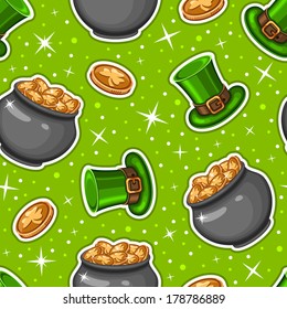 Seamless pattern with cauldron of golden coins and green leprechaun hats for St. Patrick's day