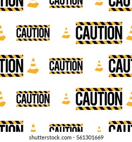 Seamless pattern with caution sign and yellow traffic cone. Inspired by road, building machinery. Vector background for decoration children's room, invitations, website, mobile app.