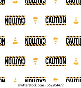 Seamless pattern with caution sign and yellow traffic cone. Inspired by road, building machinery. Vector background for decoration children's room, invitations, website, mobile app.