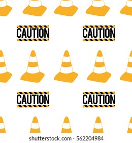 Seamless pattern with caution sign and yellow traffic cone. Inspired by road, building machinery. Vector background for decoration children's room, invitations, website, mobile app.