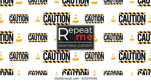 Seamless pattern with caution sign and yellow traffic cone. Inspired by variety of road, building machinery. Vector background for decoration for children's room, invitations, website, mobile app.