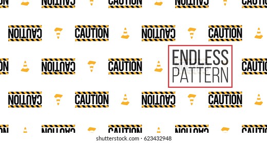 Seamless pattern with caution sign and yellow traffic cone. Inspired by variety of road, building machinery. Vector background for decoration for children's room, invitations, website, mobile app.