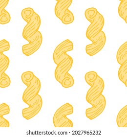 Seamless pattern of cavatappi pasta twisted into a spiral. Vector pattern of a single dry yellow pasta drawn in a sketch style on white for a design template. italian cavatappi for packaging