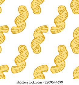 Seamless pattern of cavatappi pasta twisted into a spiral. Vector pattern of one dry yellow paste, drawn in sketch style on white for a design template. italian cavatappi for packing chaotically
