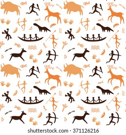 Seamless Pattern with Cave drawings theme, vector illustration, can be used for wallpaper, web page background, greeting cards, fabric print