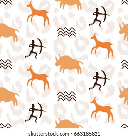 Seamless Pattern with Cave drawings theme, silhouettes of hunting caveman and wild animals. Vector illustration, can be used for wallpaper, web page background, greeting cards, fabric print