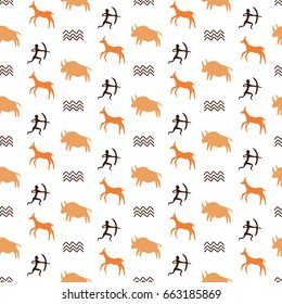 Seamless Pattern with Cave drawings theme, silhouettes of hunting caveman and wild animals. Vector illustration, can be used for wallpaper, web page background, greeting cards, fabric print