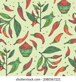 Patrón sin foco con cayena: planta de pimienta cayenne, semillas y pimienta cayenne entera. Ilustración dibujada a mano por vectores.
