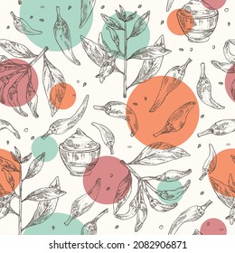 Seamless pattern with cayenne pepper: cayenne pepper plant, seeds and whole cayenne pepper. Vector hand drawn illustration.