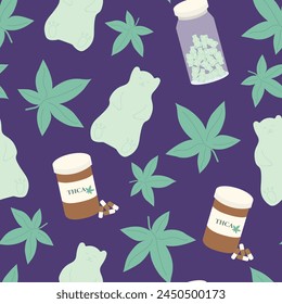 Patrón sin fisuras con osos de goma de CBD y hojas de cáñamo. Cápsulas de THCA estampado de Vector