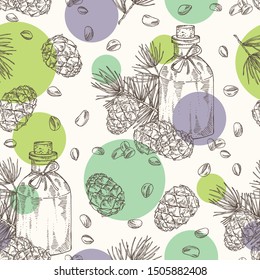 Seamless pattern with cedar and bottle of cedar essential oil. Cosmetic, perfumery and medical plant. Vector hand drawn illustration.