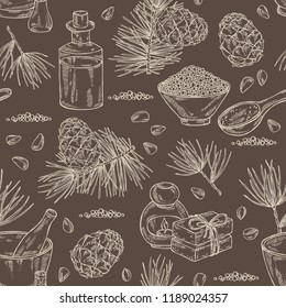 Seamless pattern with cedar: branch, cedar cone, oil, soap and bath salt . Cosmetic and medical plant. Vector hand drawn illustration. 
