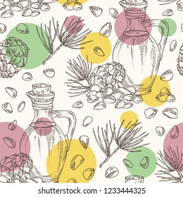 Seamless pattern with cedar cone and bottle of cedar oil. Vector hand drawn illustration