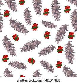 Seamless Pattern with cedar cone and cranberries.