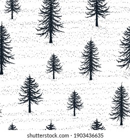 Seamless pattern with cedar and fir trees silhouettes. Vector isoleted forest background. Hand drawn foliage texture for fabric.