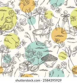 Seamless pattern  with celandine: celandine plant, leaves and celandine flowers. Chelidonium. Oil, soap and bath salt . Cosmetics and medical plant. Vector 