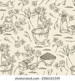 Seamless pattern  with celandine: celandine plant, leaves and celandine flowers. Chelidonium. Oil, soap and bath salt . Cosmetics and medical plant. Vector 