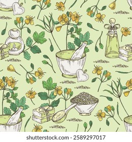 Seamless pattern with celandine: celandine plant, leaves and celandine flowers. Chelidonium. Oil, soap and bath salt . Cosmetics and medical plant. Vector