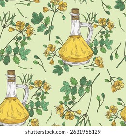 Seamless pattern with celandine: celandine plant, leaves and celandine flowers and bottle of celandine oil. Chelidonium. Vector hand drawn illustration.