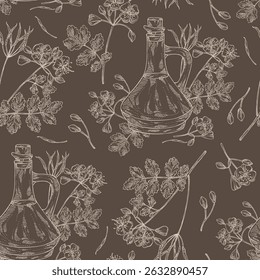 Seamless pattern with celandine: celandine plant, leaves and celandine flowers and bottle of celandine oil. Chelidonium. Vector hand drawn illustration.