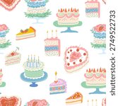 Seamless pattern with celebrating cakes in hand drawn style.Element for decoration design mail posts postcards poster print invitation background backdrop wrapping wallpaper banner textile