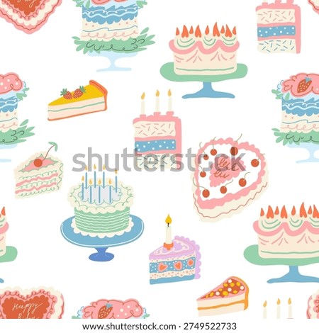 Seamless pattern with celebrating cakes in hand drawn style.Element for decoration design mail posts postcards poster print invitation background backdrop wrapping wallpaper banner textile