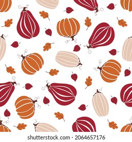 Seamless pattern for celebrating Thanksgiving. Vector hand drawn illustration with ripe pumpkin and oak leaves isolated on white background.