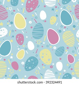Seamless pattern for the celebration of Easter, the Resurrection of Christ. Ornament of colored eggs of different sizes. on a blue background.