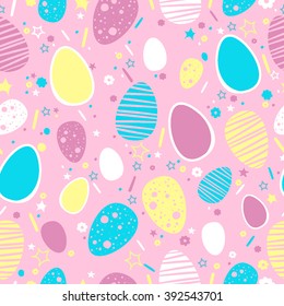 Seamless pattern for the celebration of Easter, the Resurrection of Christ. Ornament of colored eggs of different sizes on a pink background.