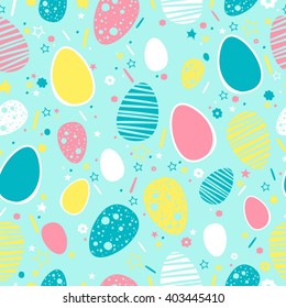 Seamless pattern for the celebration of Easter, the Resurrection of Christ. Ornament of colored eggs of different sizes on a blue background.