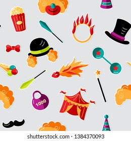 Seamless pattern with celebratory objects, party props. Circus concept. Flat style vector illustration.
